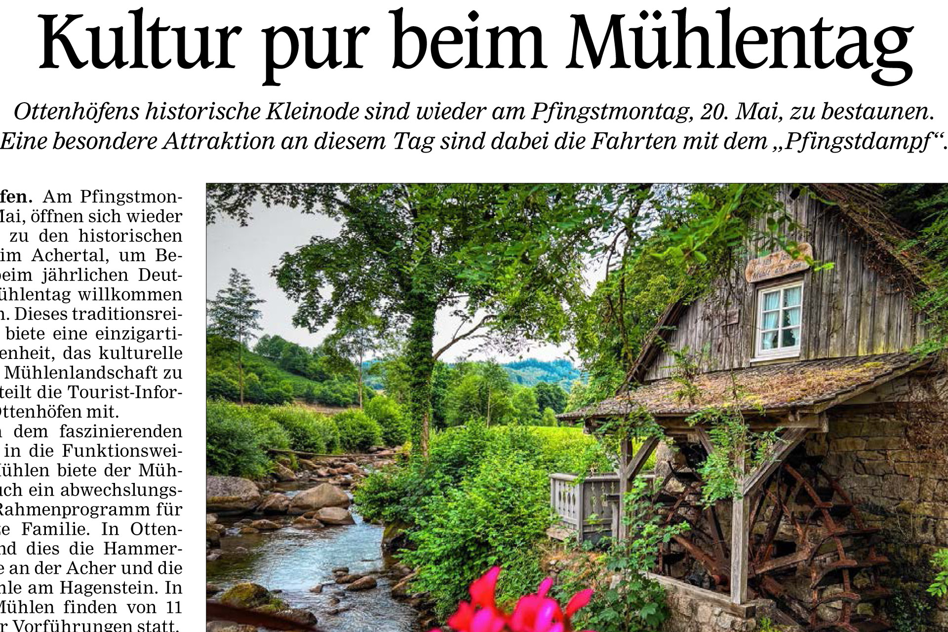 Vorbericht aus der Acher-Rechn-Zeitung zum Pfingstdamdpf am Mühlentag 20.05.24